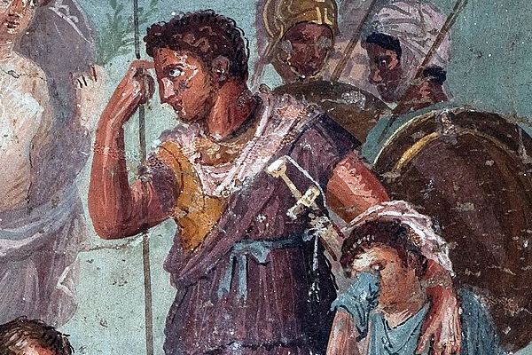 Aeneas (the greek mythology character) hurt by an arrow, with a finger in the head