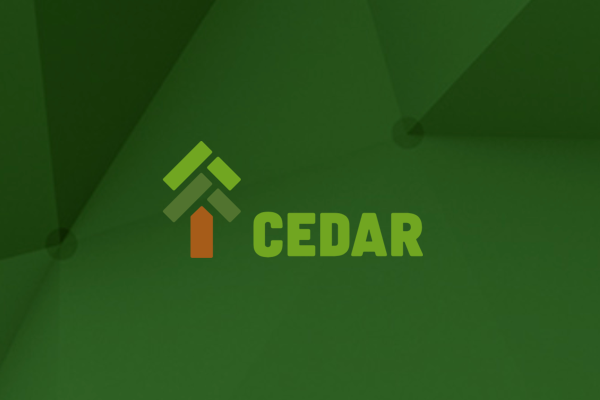 A green background with a stylized cedar tree image and the word cedar